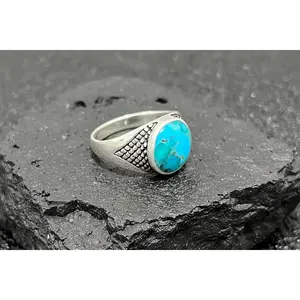 Turquoise Men's Ring, Sterling Silver Ring, 925 Stamped Ring, Signet Men's Band, Genuine Turquoise Stone for men