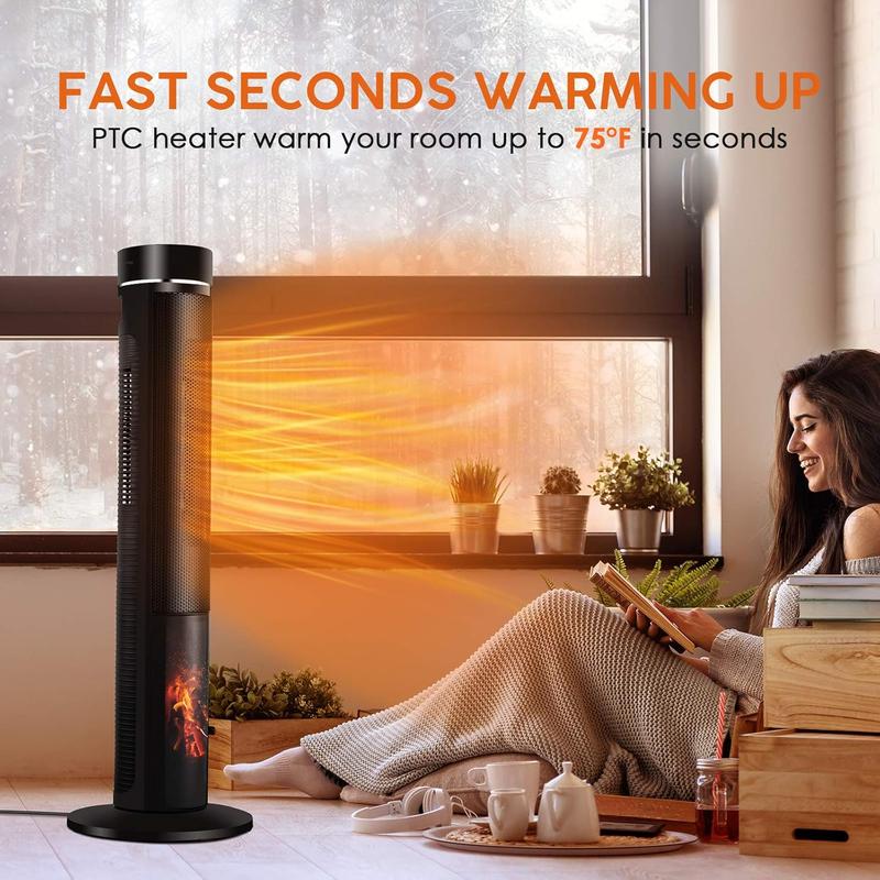 36 inches 1500W Electric Tower Space Heater with 3D Realistic Flame, Remote, Fast Heating, Adjustable Thermostat,3 Modes, Overheating &Tip-over Protection, Oscillating for Indoor Use Portable