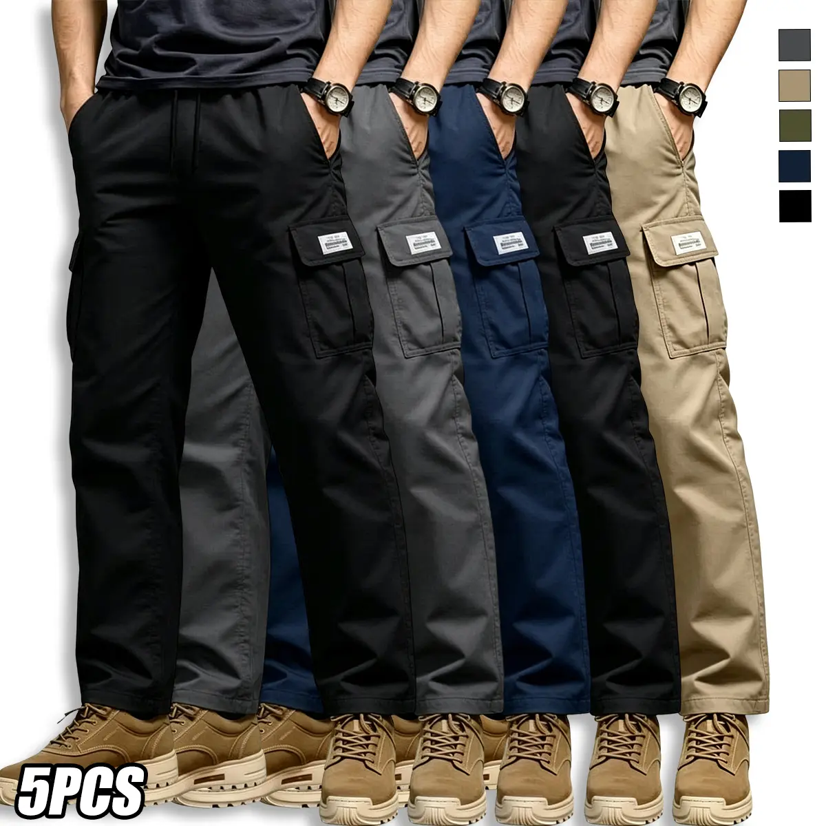 5-pack men’s casual cargo pants; solid-color long pants for men; new men’s cargo sports pants with 3D cargo pockets and multiple pockets; tactical pants suitable for all seasons; straight-leg long work pants for autumn and winter.