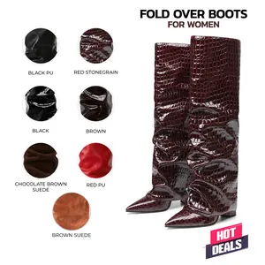 VIMISAOI Fold Over Boots for Women Knee High Boots Block High Heel Almond Pointed Toe Boots Pull on Wide Calf Summer Boots For Women Valentine Shoes