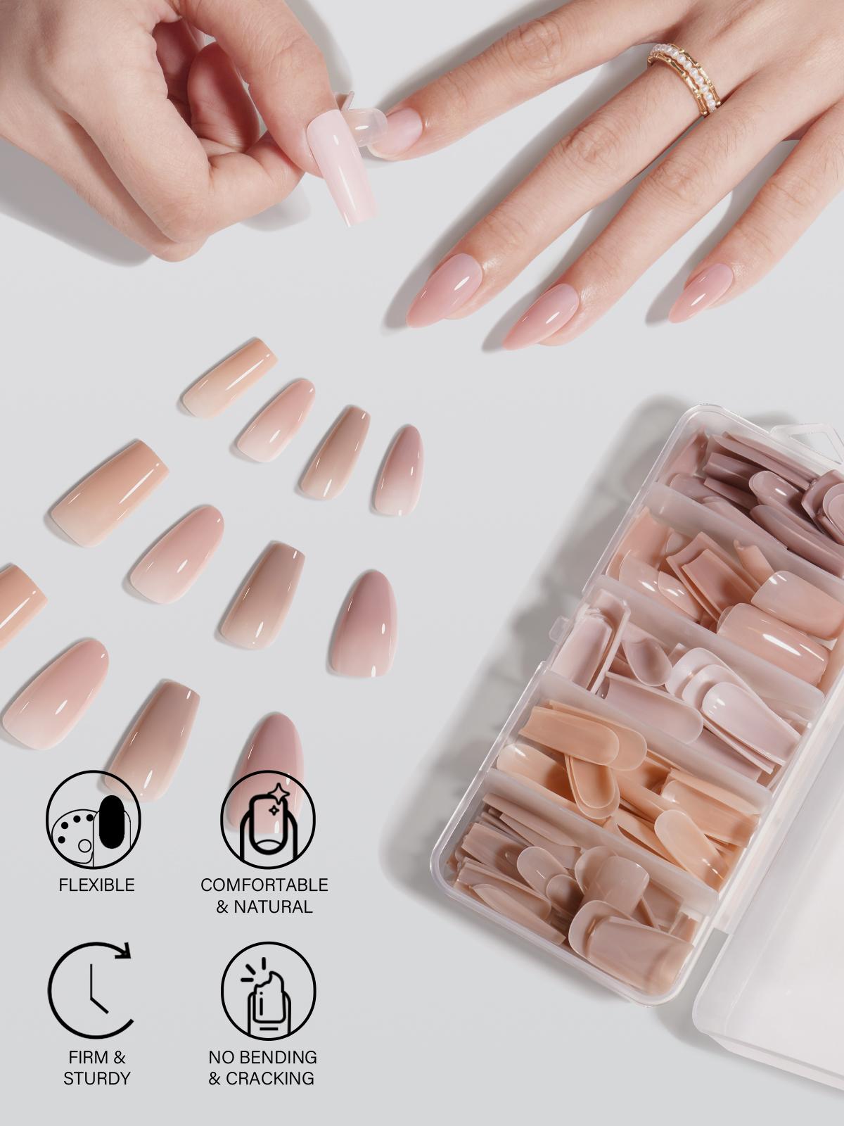 Aillsa RealFit Nude Tone Mixed Color Press-On Nails- 140pcs Nails Tips 5 Natural Colors 14 Sizes Pre Shaped gelx Tips Full Cover Fake Nails Extension for Easy DIY Nail Art Nail Care Manicure Beginner Friendly
