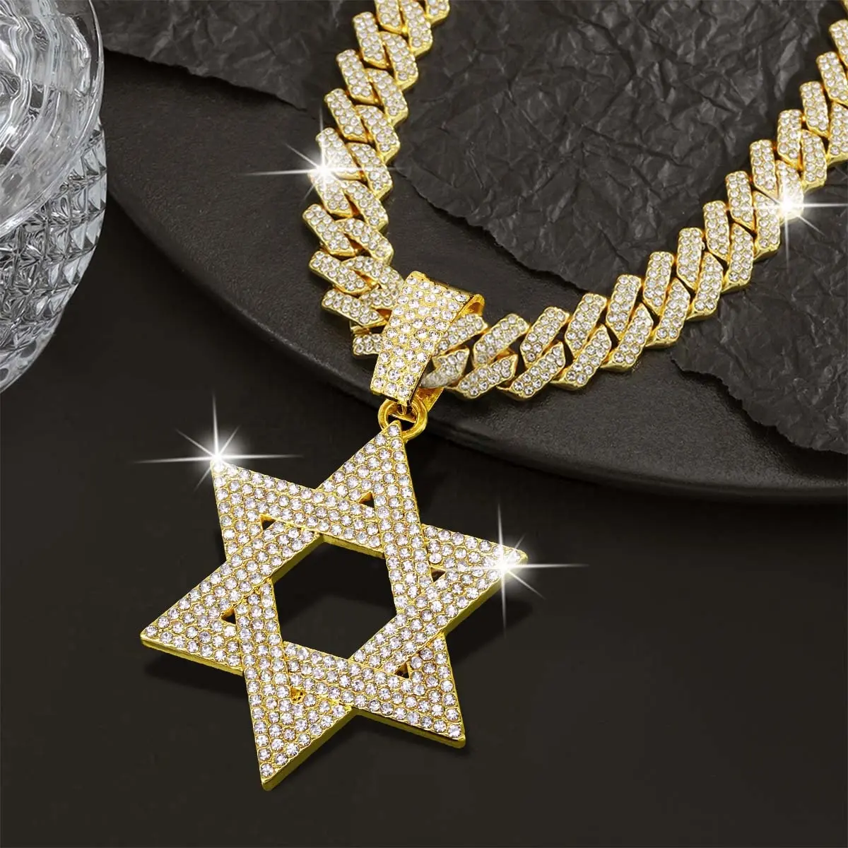Six Pointed Star Necklace for Men Shiny Cubic Zirconia Accessories