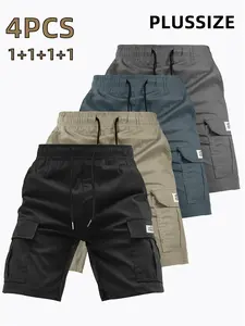 Men’s Plus Size Casual Cargo Shorts – 4-Pack, multiple pockets with elastic waistband, lightweight breathable fabric for spring/summer, solid color design, large size with ample pockets