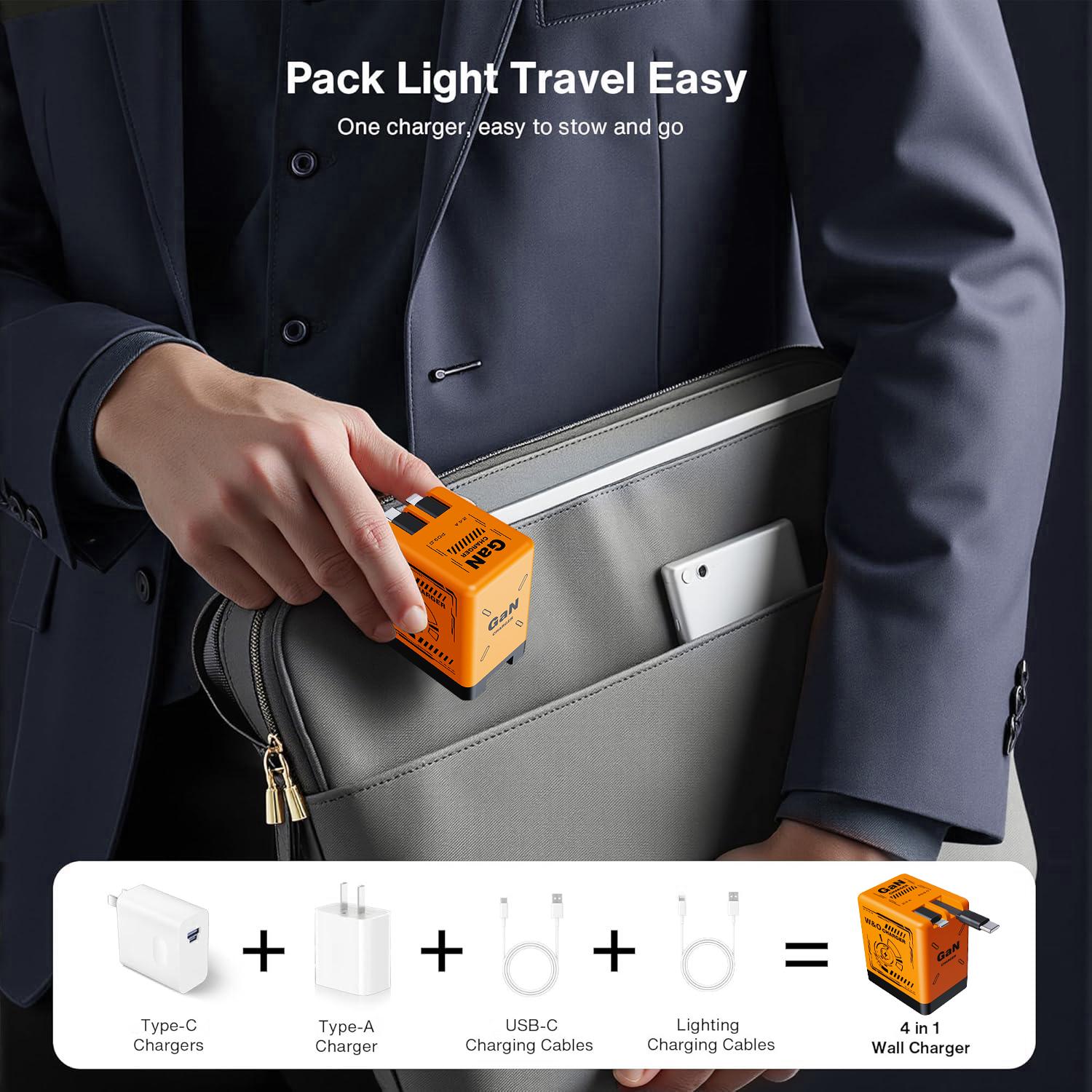 W&O Retractable Travel Charger with Dual Cables GaN Fast Charging Wall Plug for iPhone Galaxy Android Series with Type-C & Lightning Cables