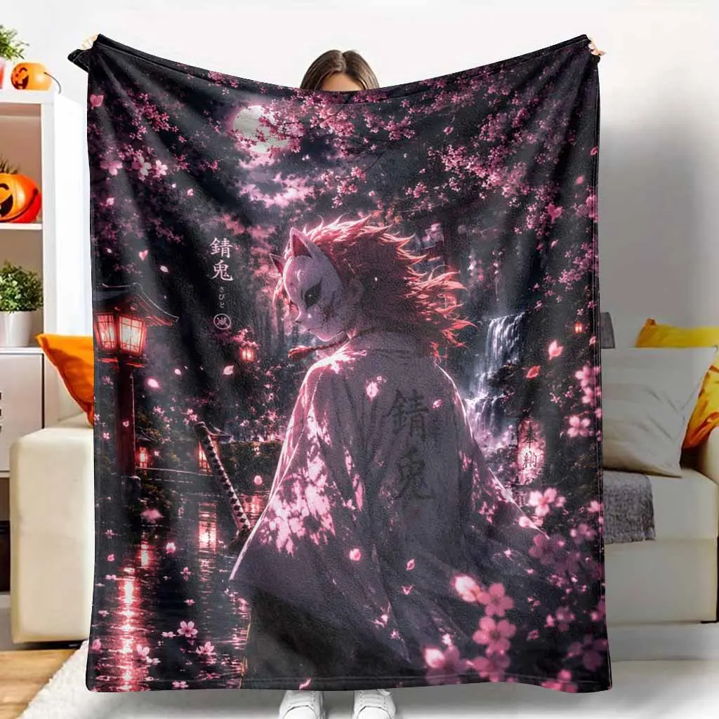 Anime Fox Masked Samurai Flannel Throw Blanket - Japanese Cherry Print, Moonlight Design, Fading-Proof, Super Soft Lightweight Cozy Bedding for Home, Living Room Sofa, Room & House Decor, Room Decor