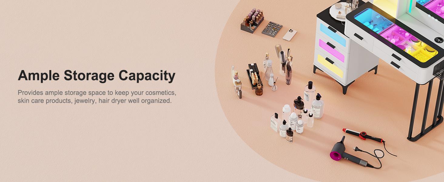 MIU Vanity with Mirror and LED Lights, Glass Top Vanity Desk with Charging Station(Wireless+USB+Type-C), RGB Makeup Table Set with Stool/Makeup Organizer/6 Drawers MIU Vanity with Mirror and LED Lights, Glass Top Vanity Desk with Charging Station(Wireless+USB+Type-C), RGB Makeup Table Set with Stool/Makeup Organizer/6 Drawers