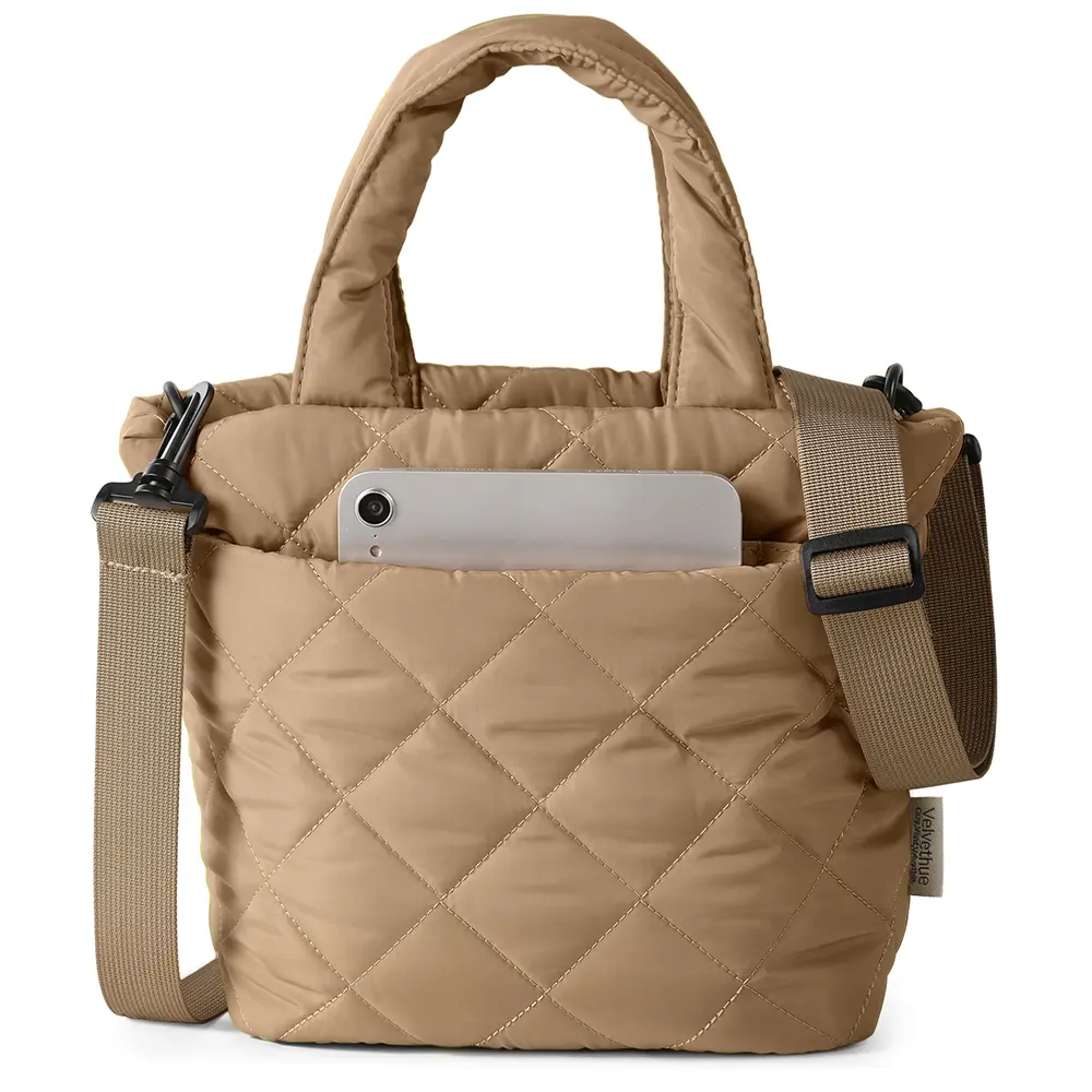 Small Crossbody Puffer Tote Bag - Cute Mini Quilted Fabric Handbag with Zippered Top, Everyday Gym Tote for Work