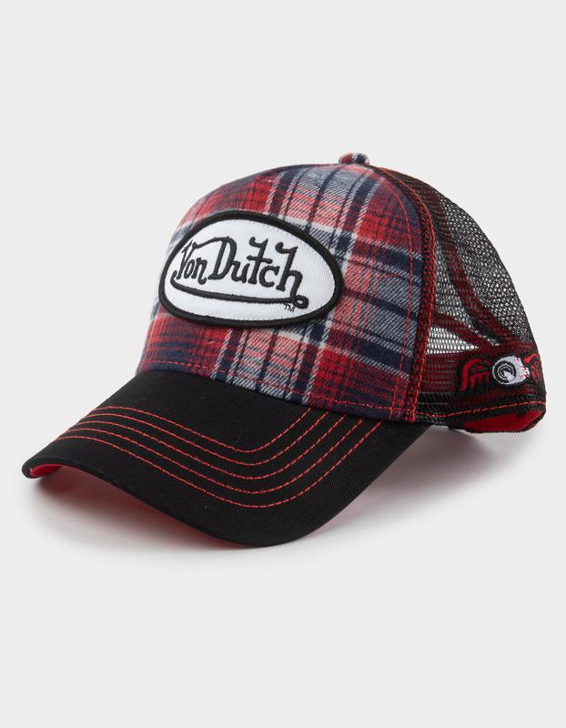 VON DUTCH Plaid Trucker Hat, Red  &  Black