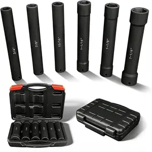 1/2 Inch Drive Extended Length Impact Socket Set, 6 Pcs Extra Deep Impact Socket Set, Hex Size 3/4", 7/8", 15/16", 1-1/16", 1-1/8", 1-1/4", for High Torque Applications with Case
