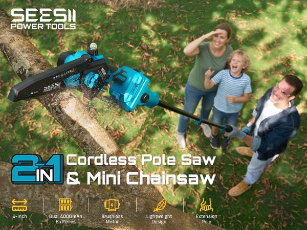 2-IN-1 Cordless 6-inch Electric Pole Saw, SeeSii Brushless Chain Saw with 2x 2.0Ah Battery, 16-Foot MAX Reach Brach Tree Saw with Extension Pole for Wood Cutting Garden CH600  #TikTokShopBlackFriday
