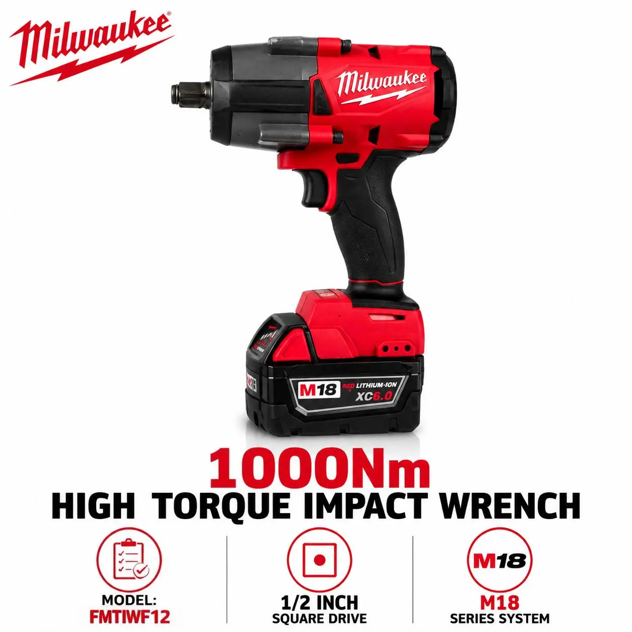 Milwaukee M18 FMTIWF12 18V 1/2" High Torque Impact Wrench - 1000 Nm Torque, 3 Speeds, Standard Bolts Compatible, Vehicle Fastener Repair Tool for Garage Technicians & Heavy Machinery Maintenance