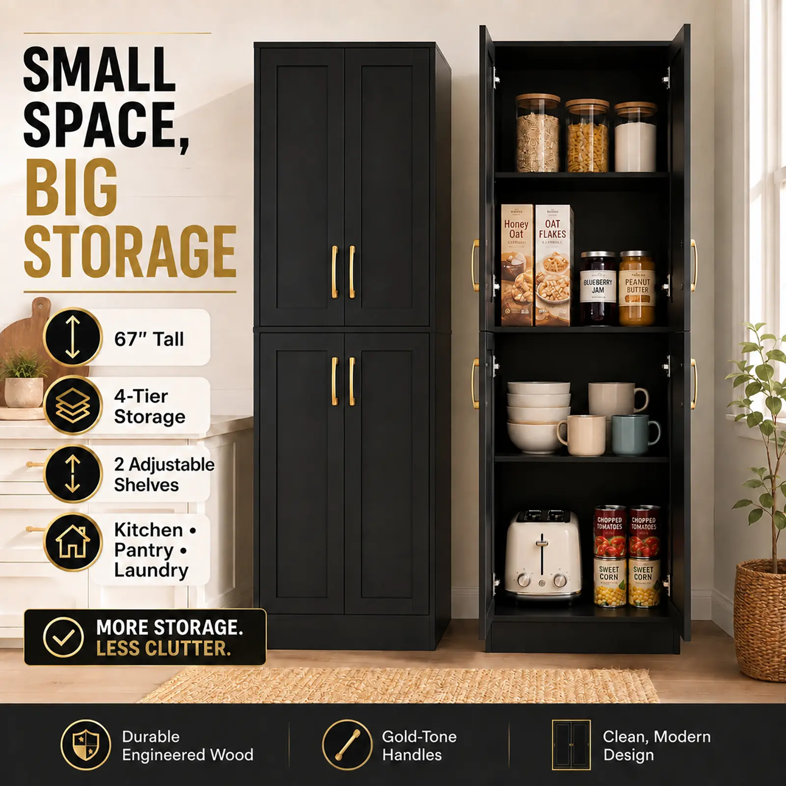 Modern Black Pantry Glow, 67" Tall Freestanding Kitchen Pantry Cabinet with Gold Handles, Hidden Storage, Adjustable Shelves for Dining Room and Laundry Room