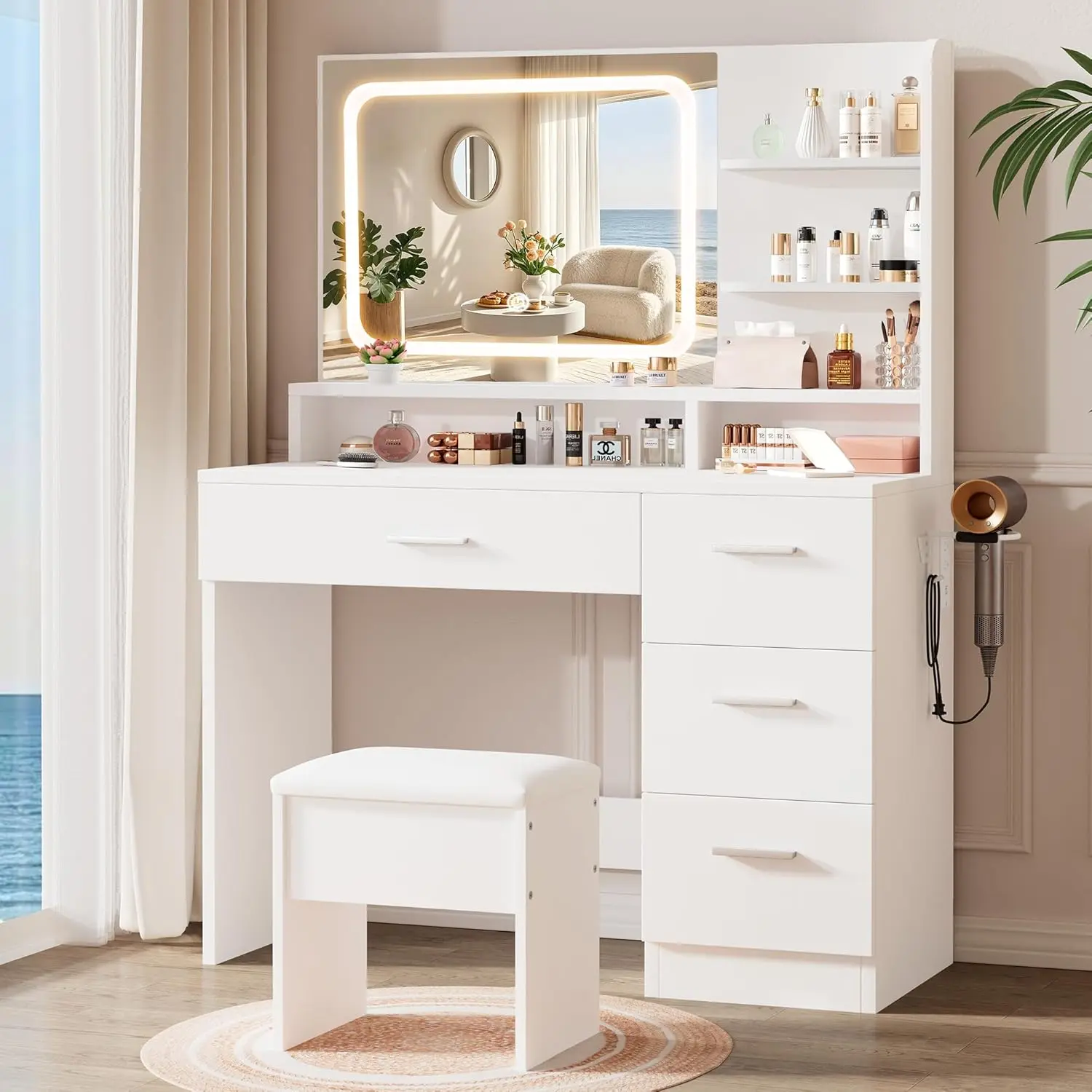 White Stylish Exquisite Glass-Top Small Makeup Vanity Set with Mirror - Adjustable LED Light Strip, Storage Drawers, 3-Tier Shelves, Chair - Illuminated Stand-Alone Organized Storage Indoor Furniture Vanity with Mirror, Illuminated Makeup Vanities