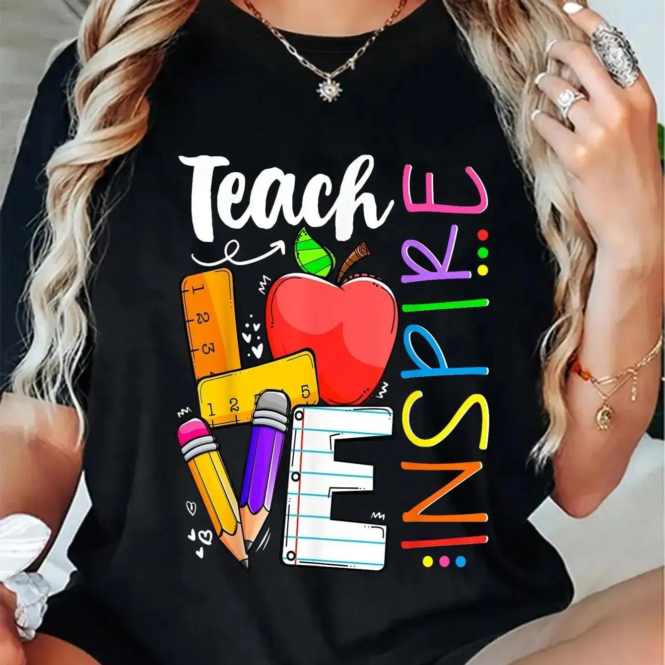 Women's 100% Cotton Graphic T-Shirt - Oversized Crewneck, Breathable Fabric, "Teach Love And Inspire" Design, 1-Piece Top for Teachers