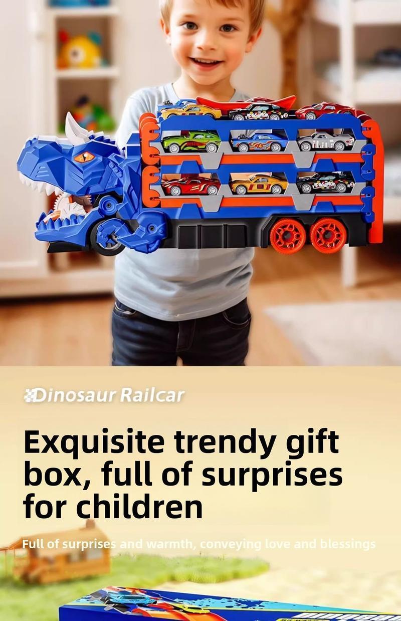 Dino Car Carrier Playset – Transforming Dinosaur Transport Truck with 12 Mini Die-Cast Cars, Launch Ramps & Storage, Toddler Toy for Ages 3–6 Transforming Dinosaur Transport Truck