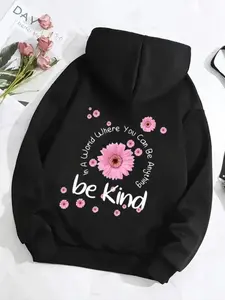 Women's Floral & Letter Print Drop Shoulder Thermal Lined Hoodie, Fashion Casual Drawstring Pocket Hooded Sweatshirt for Daily Holiday Outdoor Wear, Women Clothing for Fall & Winter