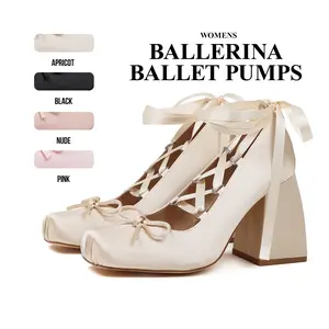CYNLLIO Womens Ballet Satin Mary Jane Heels Cross Strap Square Toe Lace up Bow Knot Ribbon Comfy Slip On Chunky Block Heels Ballerina Slingback Pumps Kawaii Cosplay Wedding Party Dating Fashionable Dress Shoes Footwear