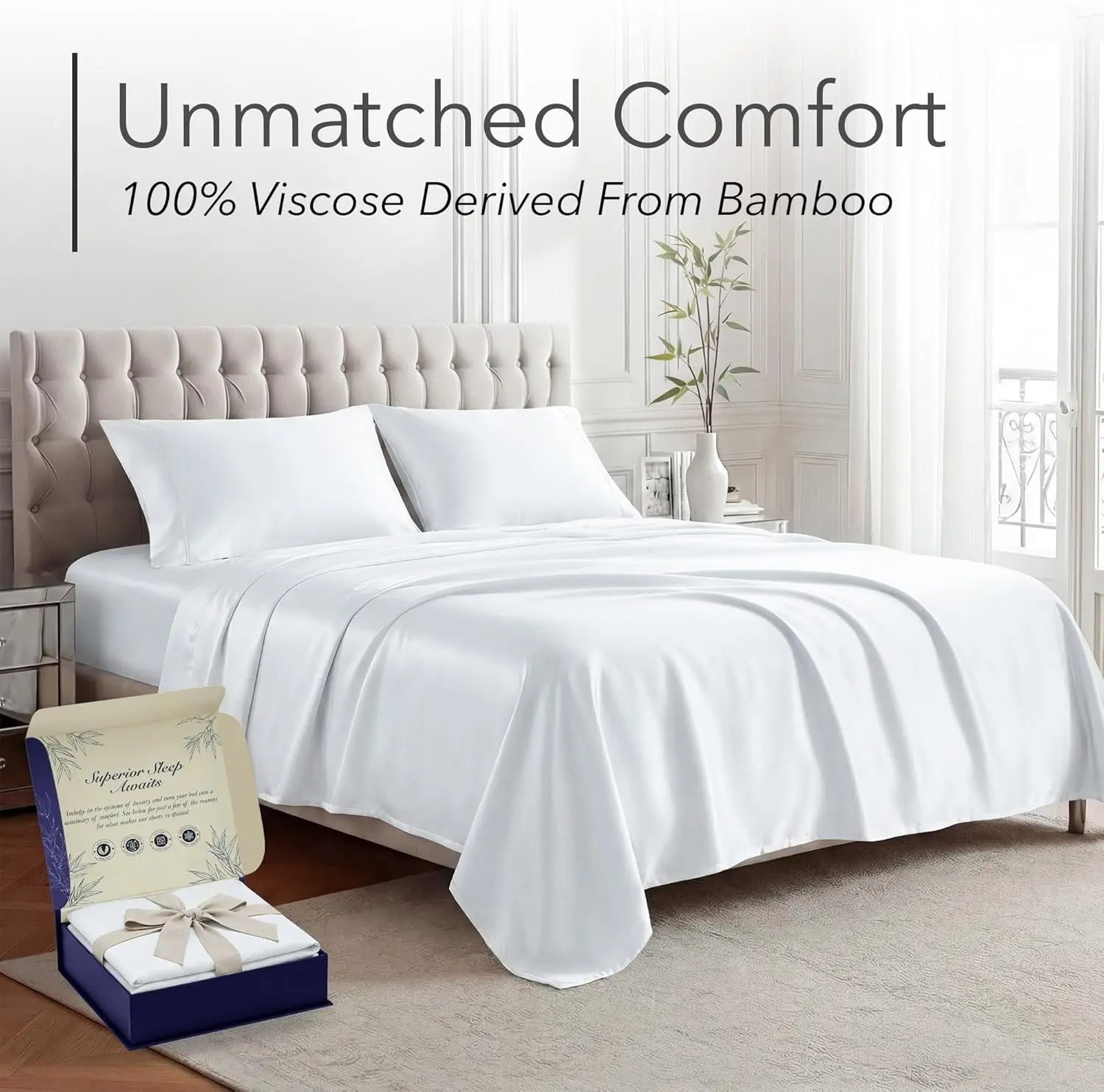 DECOLURE 4-Piece Bamboo Bed Sheet Set - 100% Cooling Viscose Bedding, Ultra Soft, 17in Deep Pockets, Double Stitching, OEKO-Tex Certified, Hypoallergenic for Hot Sleepers
