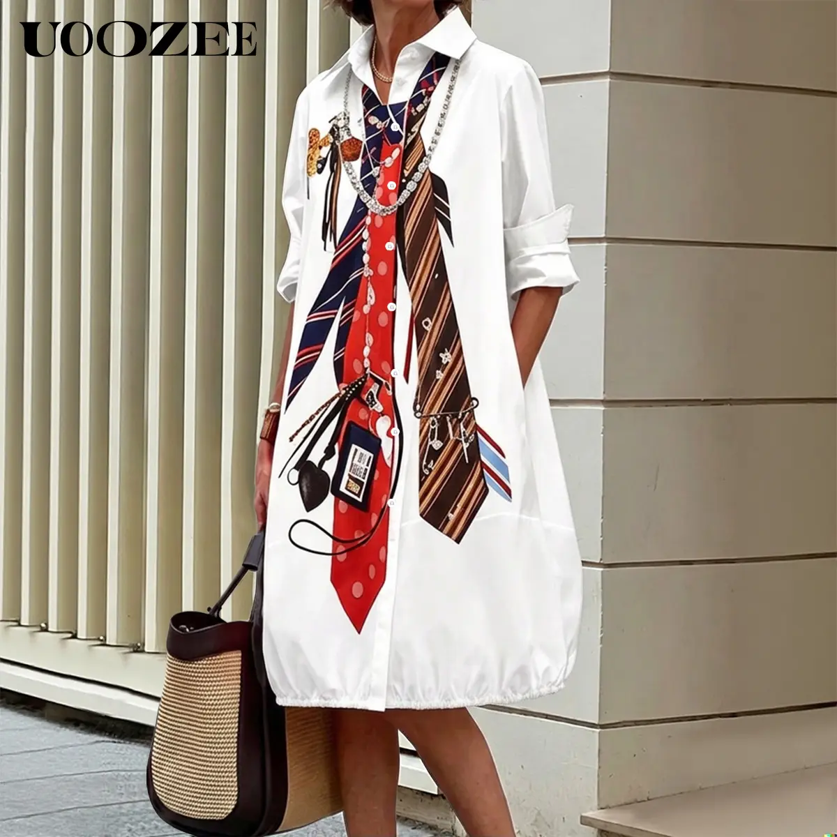 UOOZEE Women's Preppy Tie Print Shirt Dress - Oversized Long Sleeve Polyester Button-Down Midi for Everyday Casual Streetwear, Workwear, Longsleeves, Fit, Graphic, Plussize, Business, Roll-Up Long Sleeves, Elastic, Size‑Down Slim Fit, Quick‑Dry Fabric