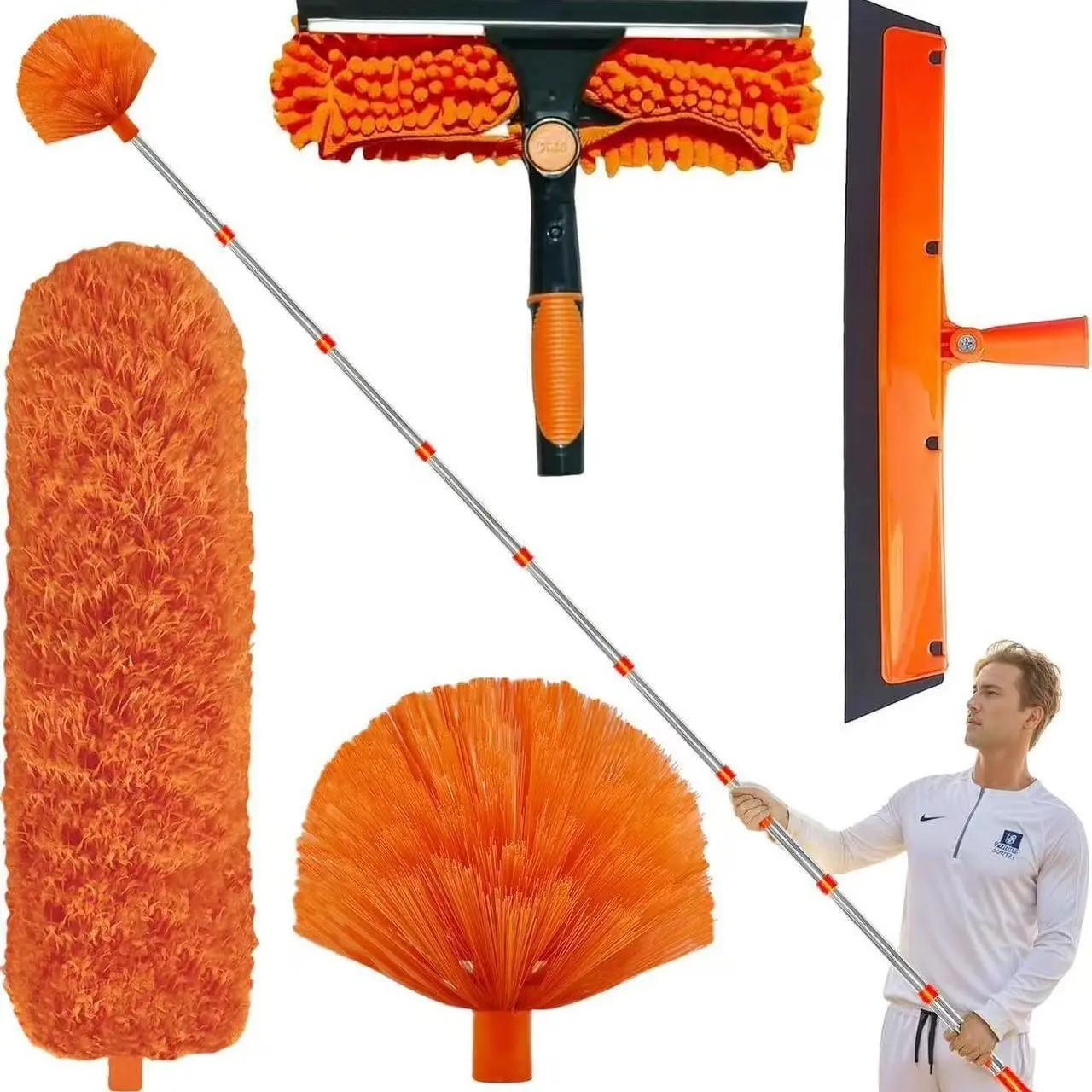 4-in-1 20 foot high-altitude cleaning kit, equipped with telescopic pole&fan dust brush&spider web dust collector&glass wiper, multifunctional tool, suitable for ceiling, spider web&window cleaning