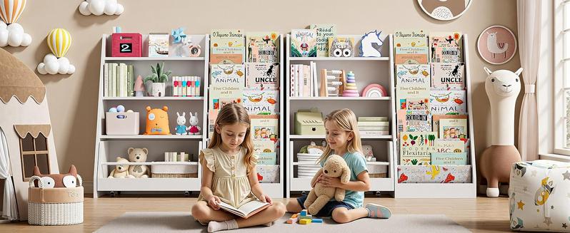 IRONCK 42 Inch Kids Bookshelf and Toy Storage, 4 Tier Toddler Bookshelf with Movable Drawer 5 Sling Pockets, Montessori Book Shelf for Kids Room, Playroom, Nursery-White