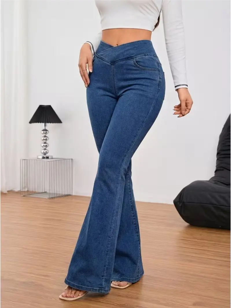 High-Waisted Flare Pants with Cross-Waist Detail, Stretch Bootcut Fit for Casual Streetwear Outfits,travel essentials,camping essentials tiktokshopbacktoschool,back to school,back to school haul