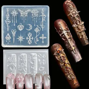 2Pcs Set 3D Baroque Pattern Gel Nail Art Mold Ice Lily Flower Silicone Butterfly Moon Resin Sword Molds for Manicure Accessories Supplies Arrow Silicone Mold
