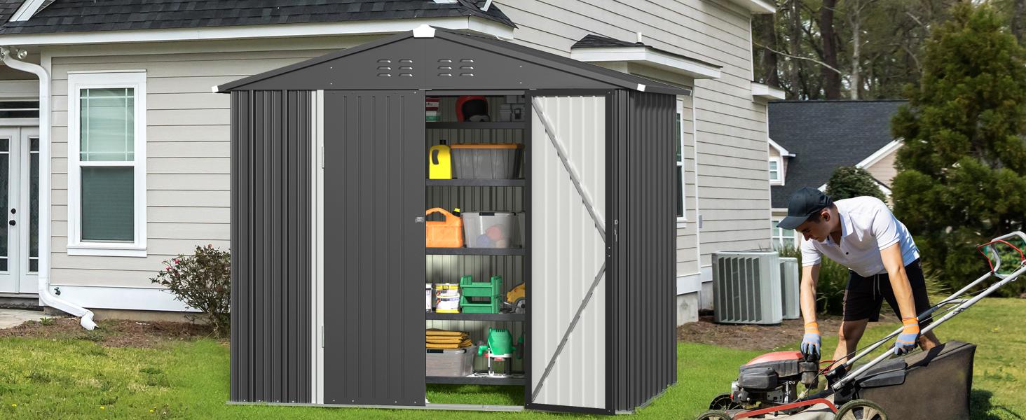 【2 Packages Shipping】Gizoon Outdoor Storage Shed 8 x 6 FT, Galvanized Metal Garden Shed with Double Lockable Doors, Outdoor Storage Clearance for Backyard Patio Lawn-Dark Grey
