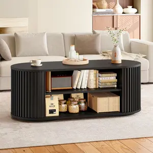 ONBRILL 47" Multi-Functional Coffee Table with Storage, Oval Coffee Table with Vertical Striped Sliding Door & Round Base, Mid-Century Modern Center Table with Adjustable Shelf for Living Room