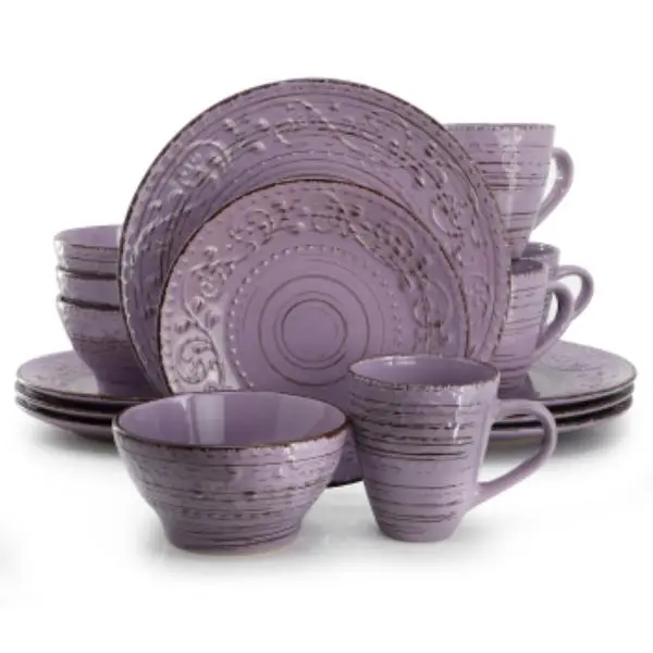 Elama ELM-MALIBU-MICA Round Malibu Mica Stoneware Tableware Set - 16-Piece Purple Casual Dinnerware, Hand Painted, Coastal Charm, Dinner Plates, Dishwasher Safe, Microwave Safe
