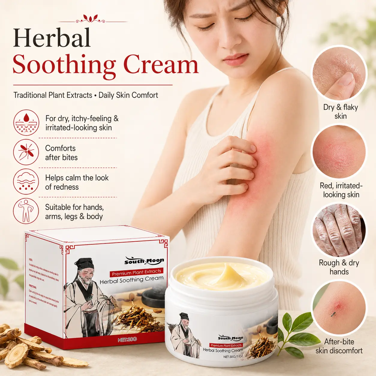 Fast Acting Anti-Itch Cream for Skin Irritation & Allergic Itch, Traditional Chinese Herbal Ointment for Eczema Relief, Cooling & Soothing Skin Repair Cream for Adults and Kids, 30g