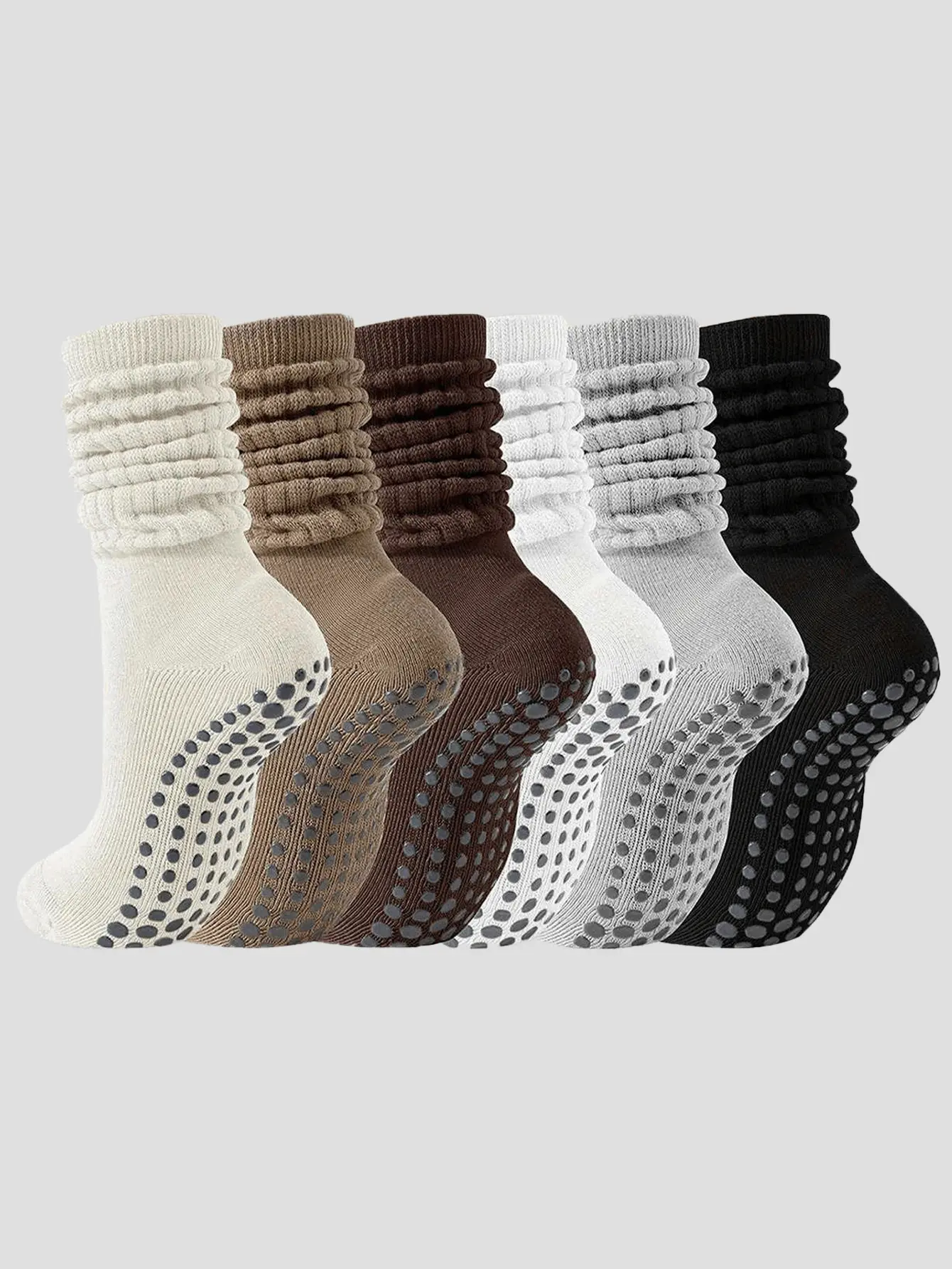 6 Pairs Slouch Pilates Socks For Women Non Slip Grippy Yoga Socks Long Scrunch Crew Socks For Workout Barre