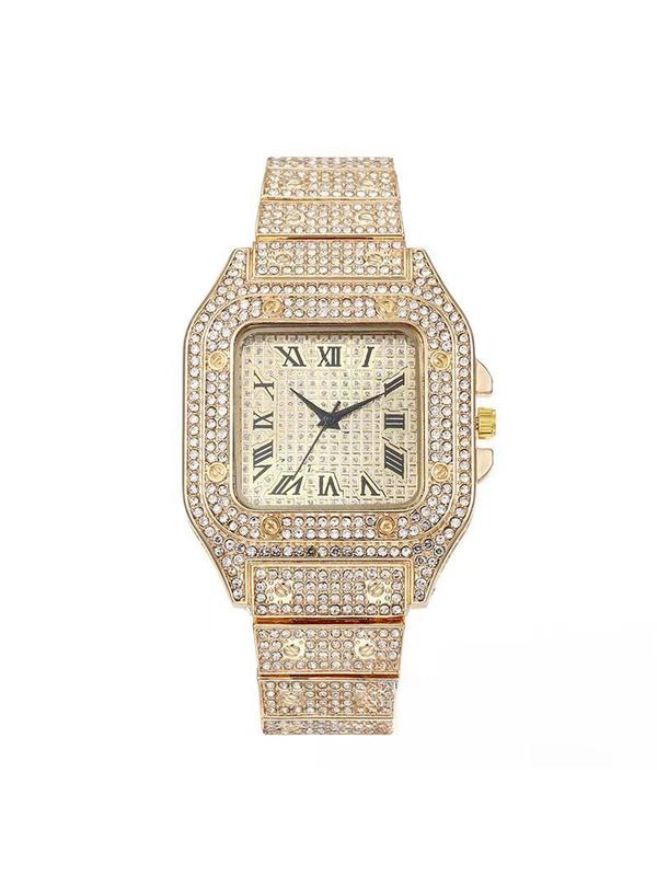 A square-shaped men's quartz watch featuring a starry sky design on the dial, stainless steel strap, diamond embellishments, and Roman numerals, Diamond Wrist Watch