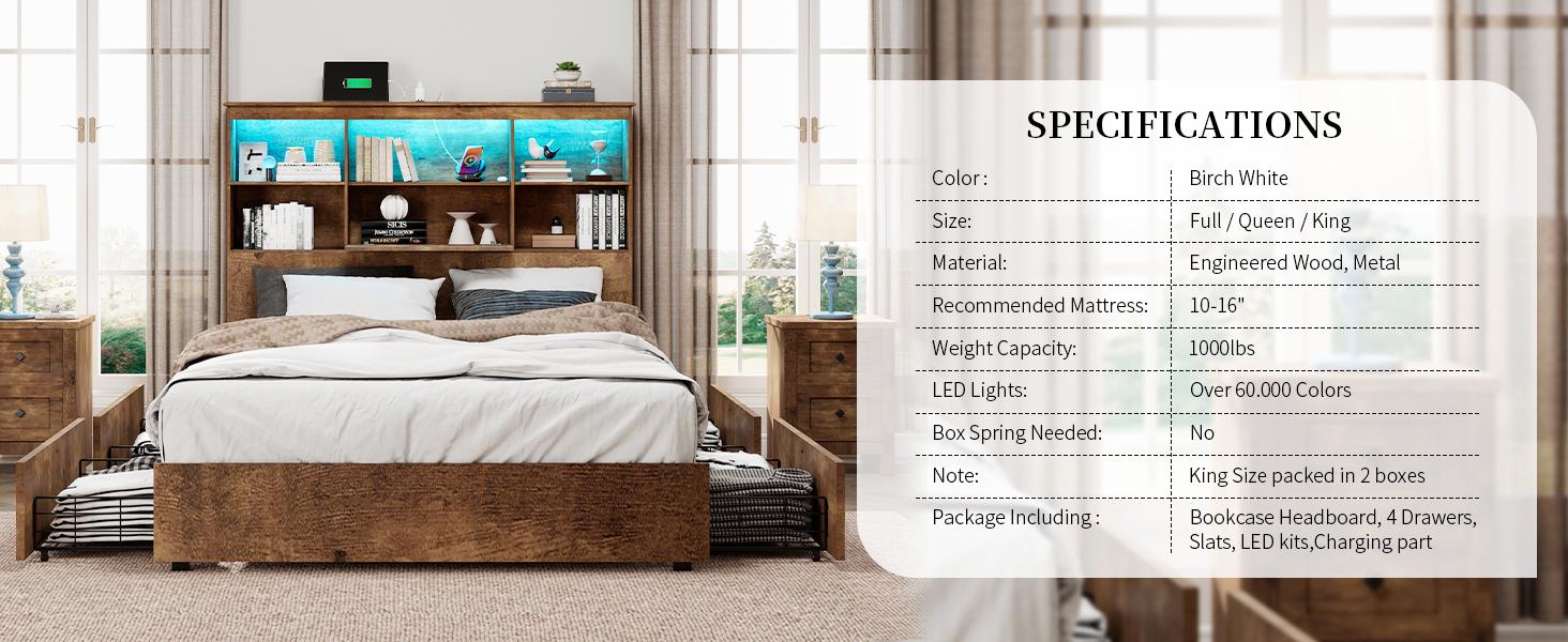 AMERLIFE Full/Queen/King Size Bed Frame with Storage Bookshelf Headboard, Industrial Wooden Bed Frame with Charging Station & 4 Drawers, No Box Spring Needed/Luxury Bedroom Furniture AMERLIFE Full/Queen/King Size Bed Frame with Storage Bookshelf Headboard, Industrial Wooden Bed Frame with Charging Station & 4 Drawers, No Box Spring Needed/Luxury Bedroom Furniture