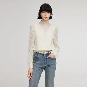 Tencel Wool Blend Lace Patchwork Women Knit Top