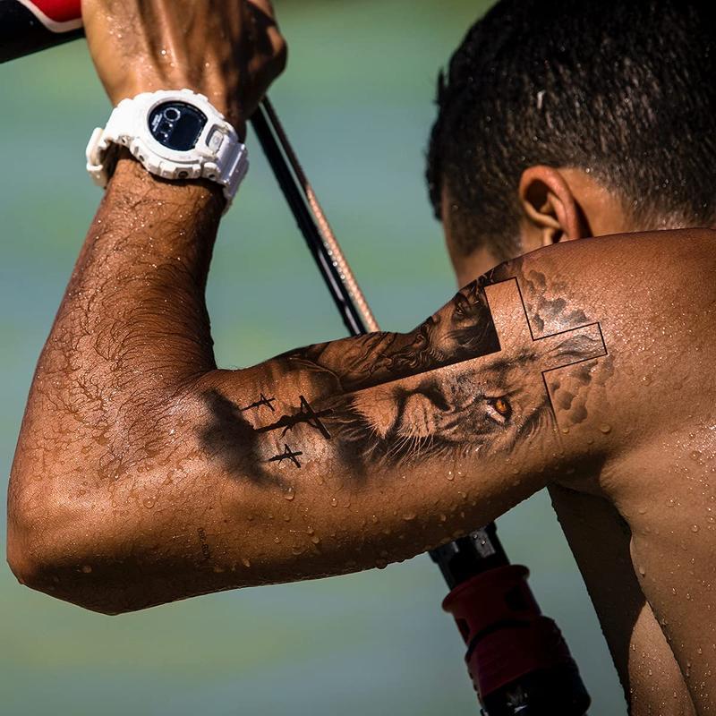 Teens 36 Sheets Large Black Arm Temporary Tattoos For Men Forearm Women Thigh, Half Sleeve Animals Lion Tiger Wolf Temp Tattoo Stickers Adults, Death Skull Compass Flower Fake Tattoos That Look Real Durable Realistic Waterproof Arm Tattoos fake totem