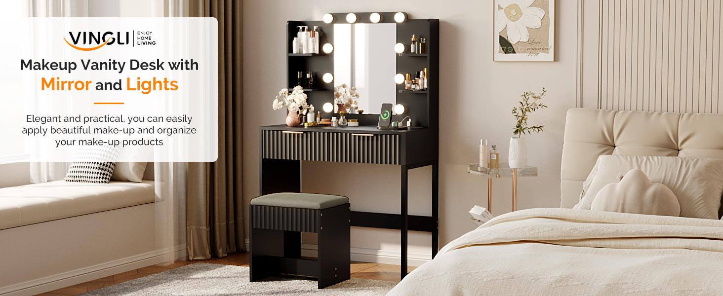 VINGLI Fluted Makeup Vanity Desk with Mirror & Lights & Power Outlet, Small Vanity Table w/ 2 Drawers & 4 Storage Shelves, Modern Dressing Table Set Charging Station for Bedroom