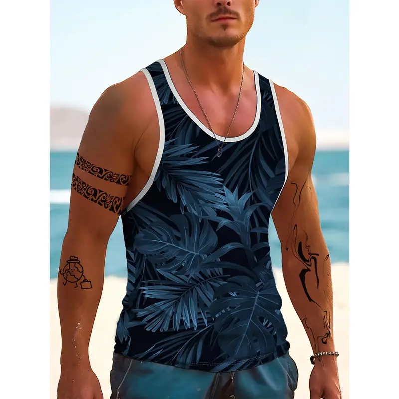 Men's Hawaiian Style Tropical Beach Plant 3D Digital Print Sleeveless Tank Top - Quick-Dry, Stretch Fabric, Perfect for Summer Vacations & Fitness, Machine Washable