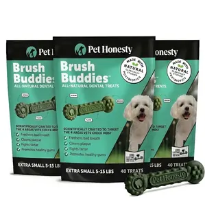 Pet Honesty Brush Buddies All-Natural Long-Lasting Dental Treats for Extra-Small Dogs (3-Pack) — Supports Oral Health, Fights Plaque & Tartar, Promotes Healthy Gums - 120 Count Total (3 x 40 Count Bags) - For Dogs 5-15 lbs