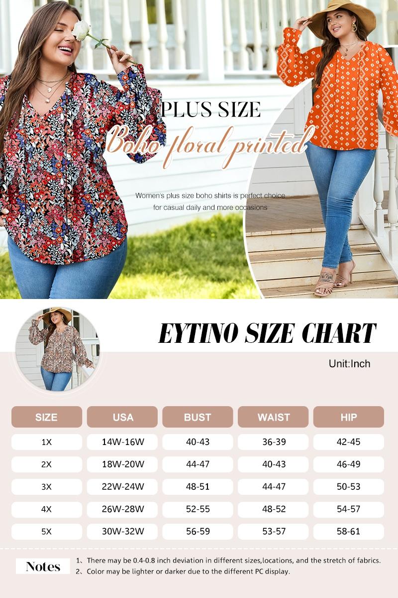 Eytino Plus Size Tops for Women V Neck Long Sleeve Drawstring Floral Boho Print Blouse Shirts Vacation Outfits(1X-5X)
