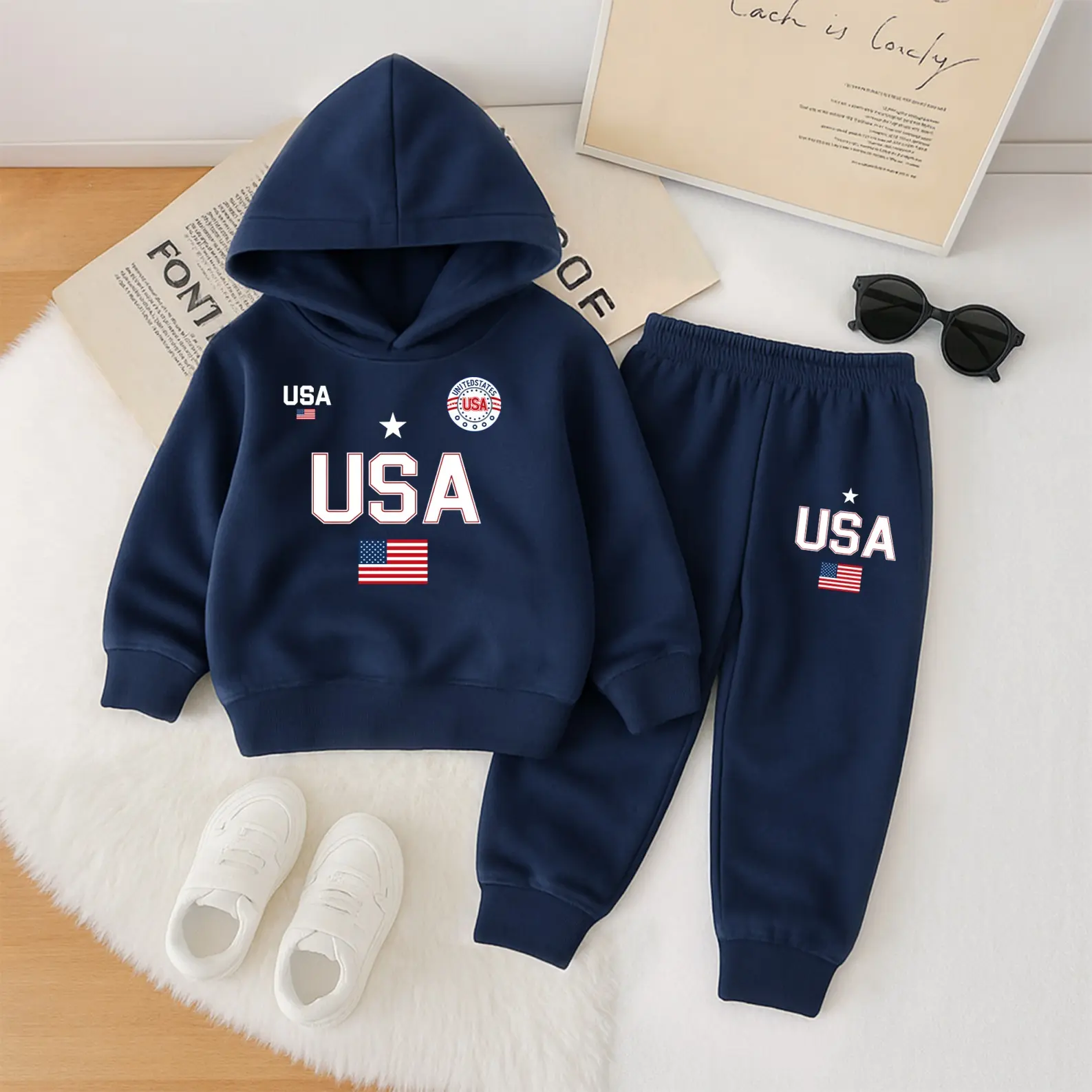 Kids' Fleece-Lined Tracksuit, 2-Piece Unisex USA Graphic Print Hoodie and Tapered Sweatpants Matching Set, Matching Set Outfit, Graphic Print Set