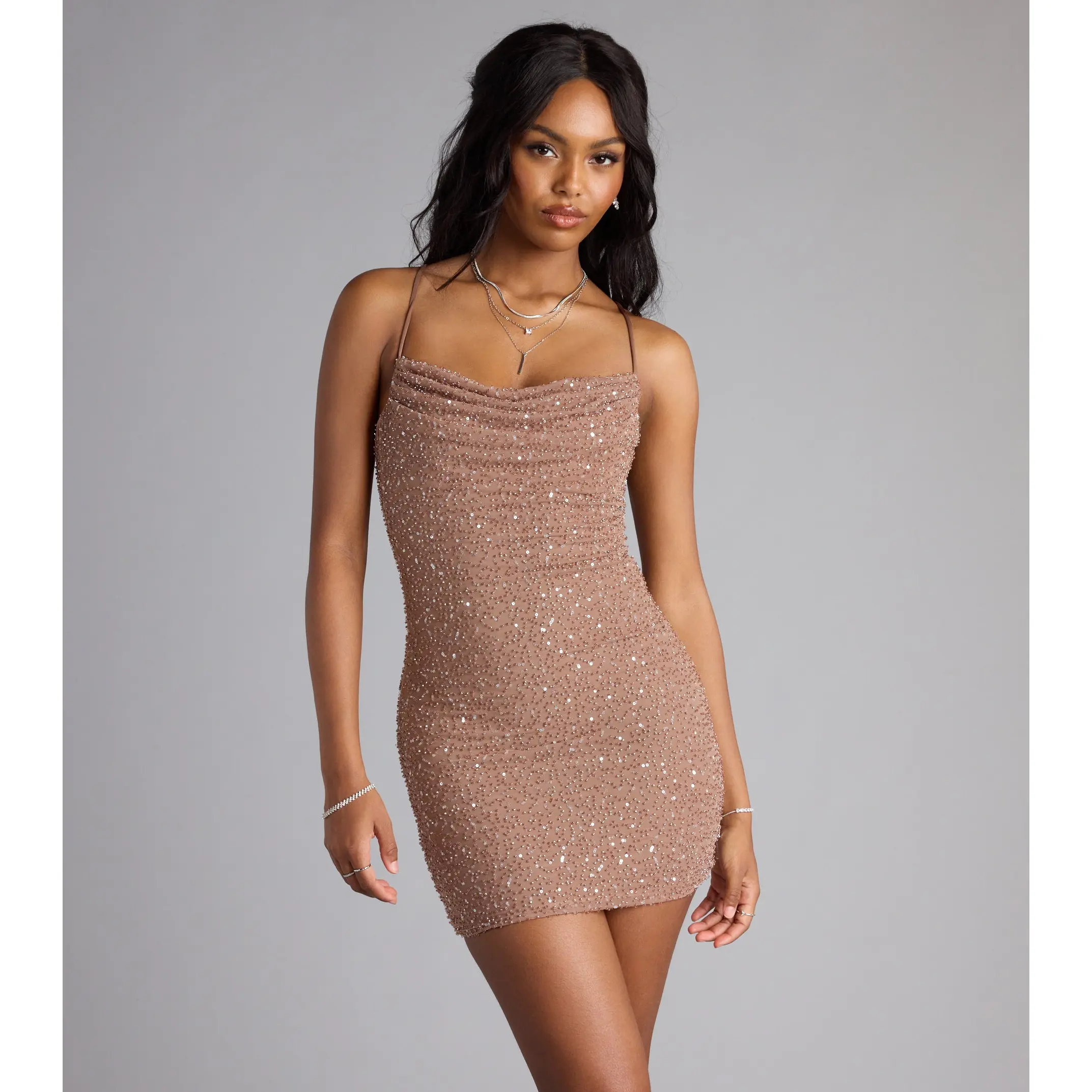 Mira Sequin Bead Strappy Mini Dress