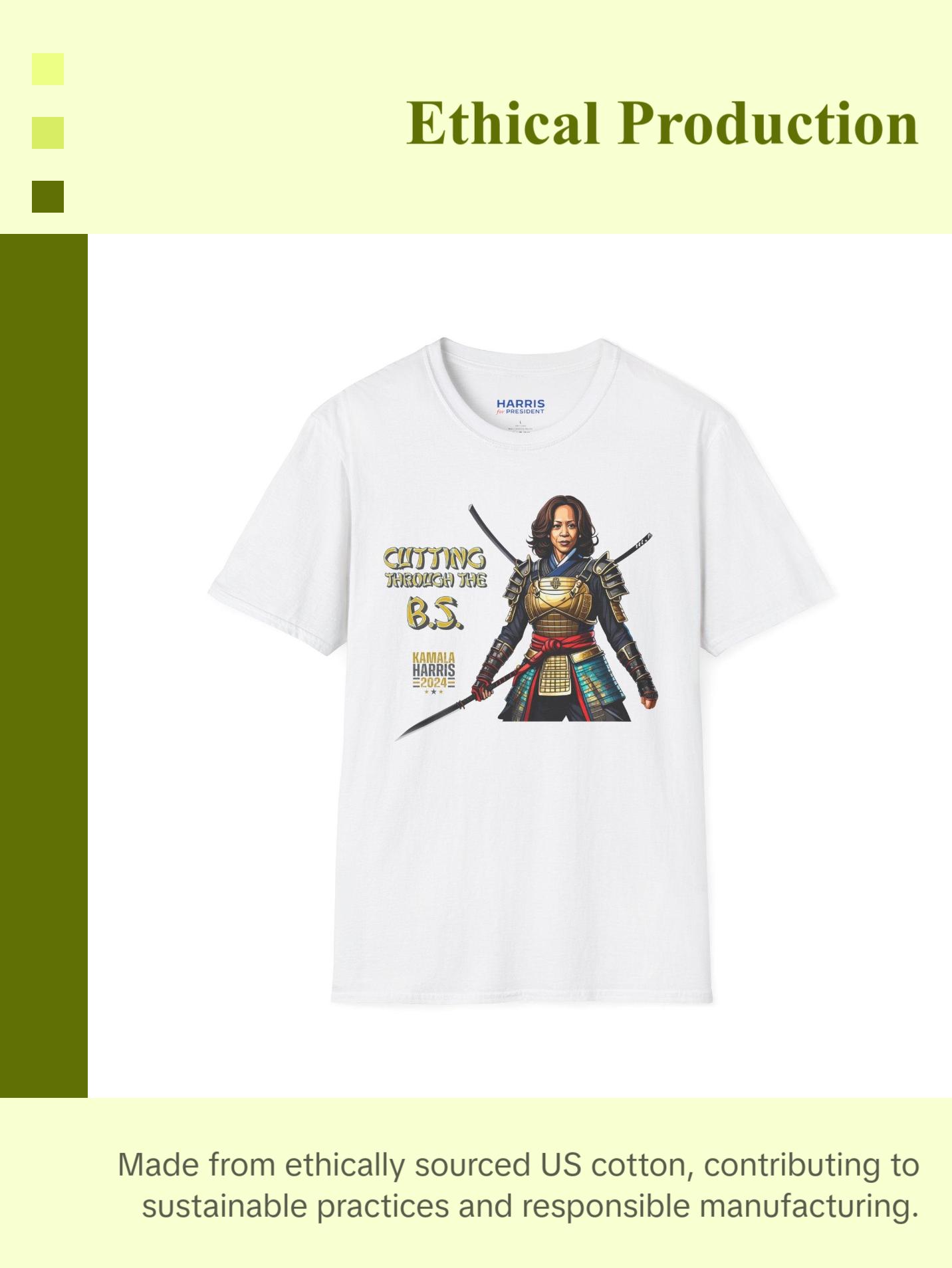 Kamala Harris "Cutting Through the B.S." Samurai T-Shirt - Bold Political Statement Tee - Available in Multiple Colors Classic Cotton Fabric Menswear Top Collar Graphic Crewneck