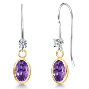 Gem Stone King 14K Two Tone Gold Purple Amethyst and Lab Grown Diamond Dangle Earrings for Women | 1.63 Cttw | Gemstone February Birthstone | Oval 7X5MM