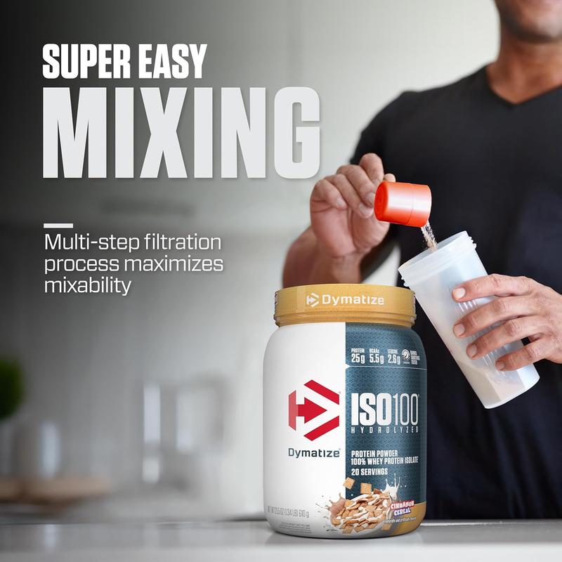 Dymatize ISO100 Whey Protein Powder Isolate, Cinnamon Cereal, 25g of Protein, 5.5g BCAAs, Less Than 120 Cal., Gluten Free, 1g Fat, 1g Sugar, 2g Carb (20 Servings)