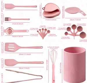 Silicone Kitchen Utensils Set 31pcs Non-Stick with Wooden Handles Measuring Spoon Cup Egg Beater Spatula Anti-Hot Tongs Oil Brush Baking Utensils