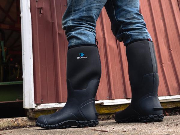 Trudave Men's Black Rubber Boots Waterproof Work Rain Boots with Steel Shank 6mm Neoprene Anti-slip Mud Boots Size 5-14 Comfortable Industrial Shoe Boy Footwear Closed