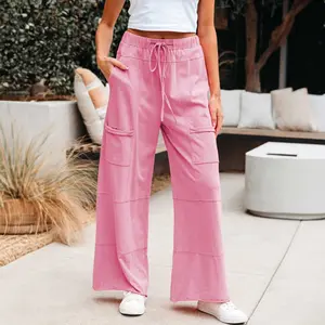 Bonbon Mineral Wash Exposed Seam Drawstring Elastic Waistband Wide Leg Cargo Pants