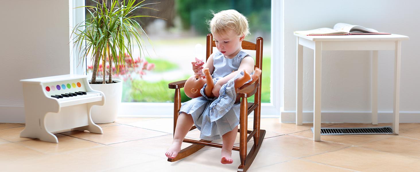 Joymor Outdoor Children's Rocking Chair, All-Weather Wooden Rocker with High Backrest, Ideal for Garden, Yard, and Balcony, Patio Rocking Chair Suitable for Ages 3-6, Teak