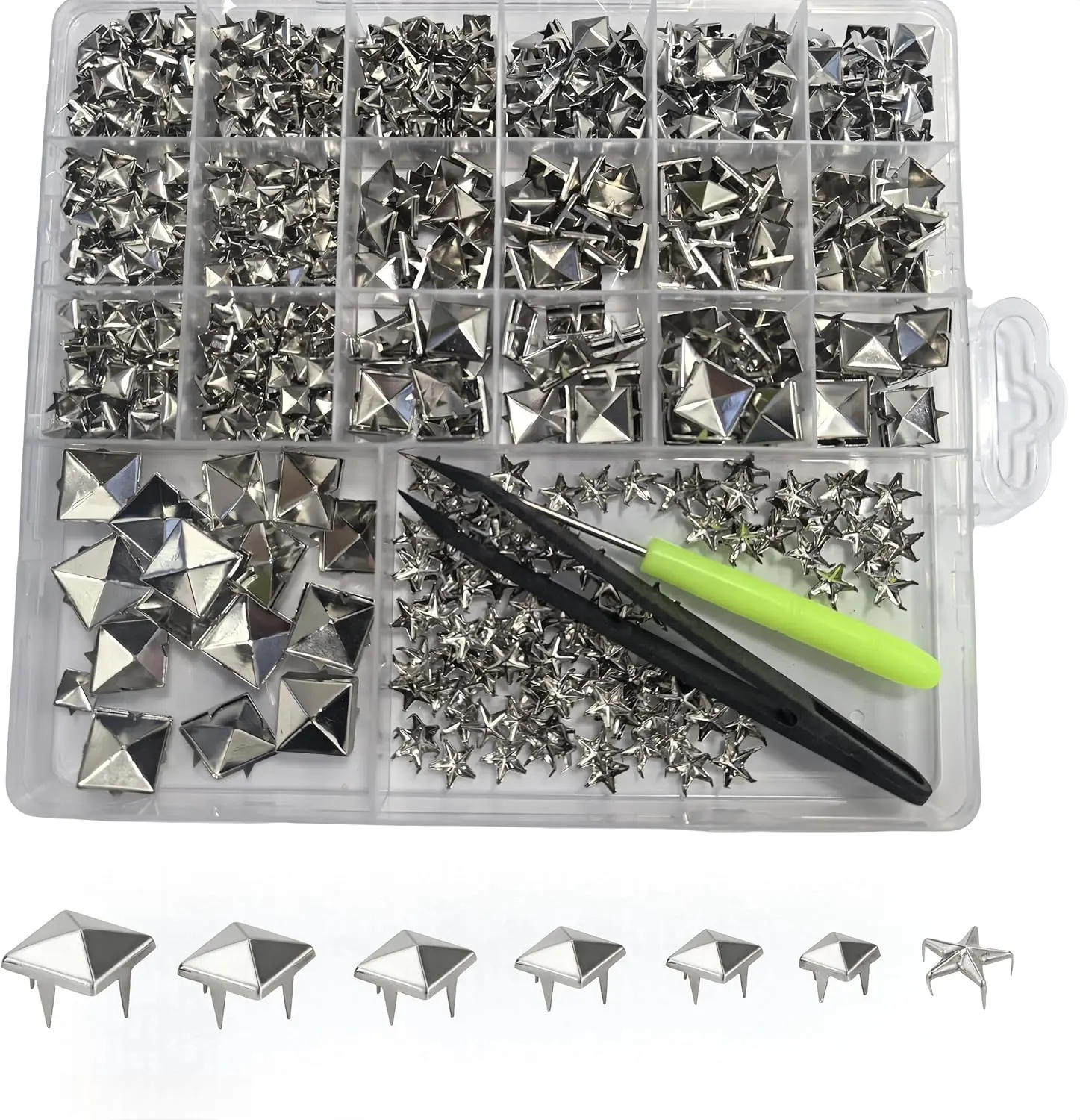 820-Pcs 4-Jaw Square Pyramid & Star Studs Kit - Punk Rivets, Spikes with Secure Attachment for Leathercraft, Decoration, Belt Bag Shoe Mod to Elevate Punk Style, 820 Pcs to Customize Sewing Haberdashery Snaps, Diy Projects